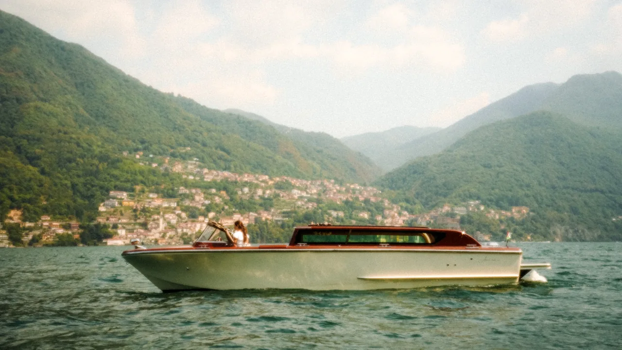 A wooden Venetian taxi boat on Lake Como, with a lakeside village and the mountains behind.